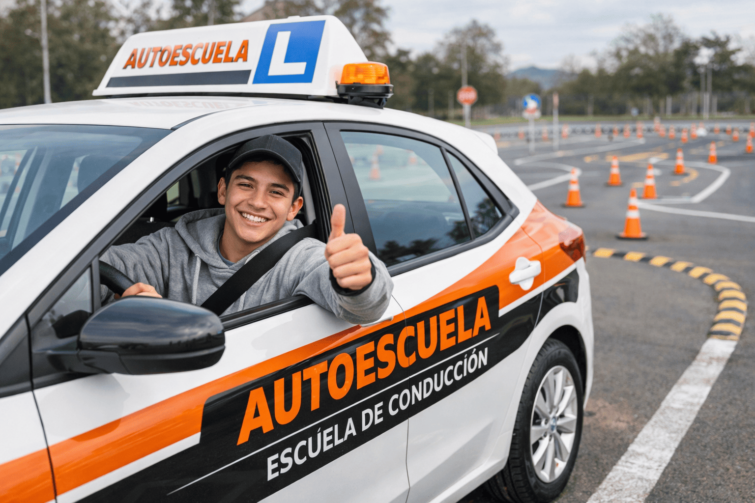 Alumno feliz en auto de escuela